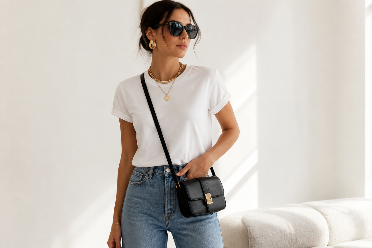 Woman wearing a simple neutral outfit with bold earrings, sunglasses, layered necklace, and a structured crossbody bag.