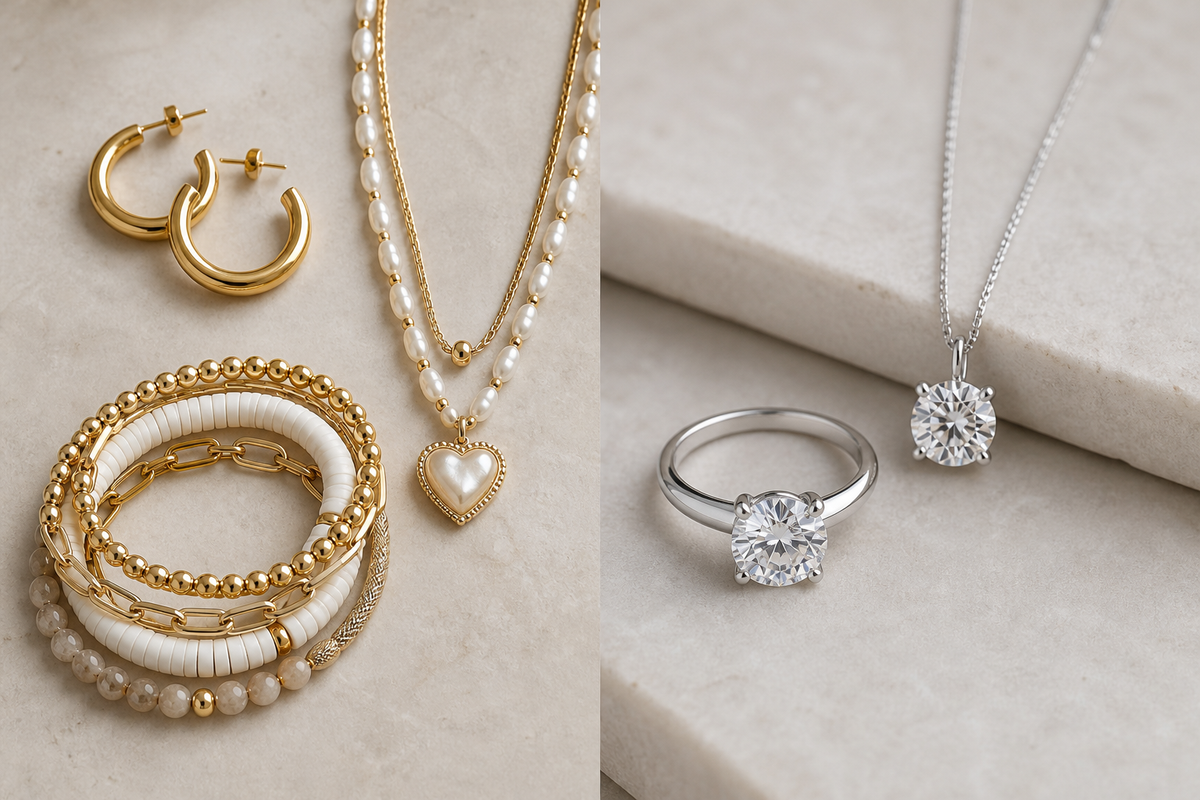 Side-by-side display of fashion jewelry and fine jewelry on a neutral background, showing plated hoop earrings, layered necklace, sterling silver ring, and moissanite pendant.