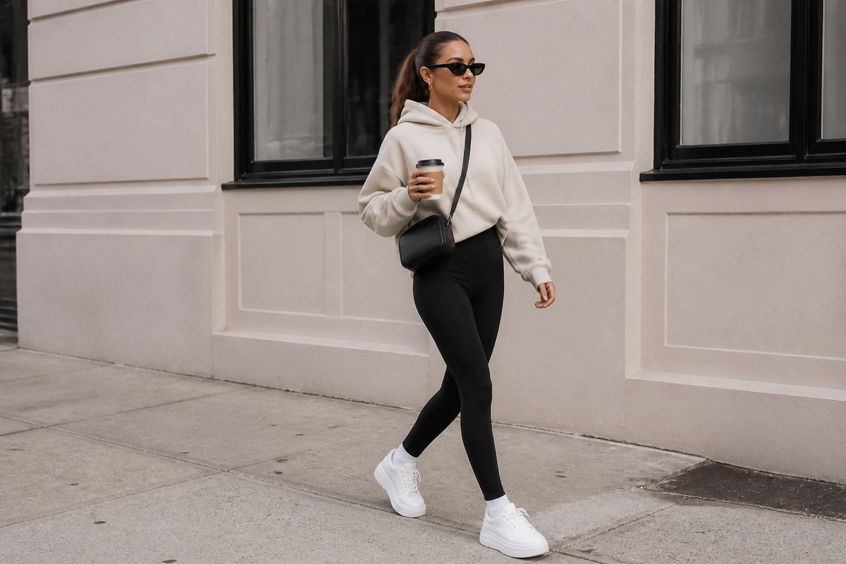 Woman wearing black leggings with an oversized hoodie, white sneakers, sunglasses, and a crossbody bag on a city sidewalk