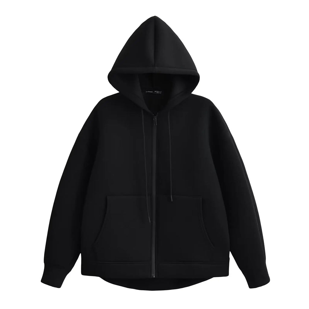 Luxe oversized black zip-up hoodie with a double-layered hood and front kangaroo pockets, crafted from heavyweight fleece.