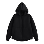 Luxe oversized black zip-up hoodie with a double-layered hood and front kangaroo pockets, crafted from heavyweight fleece.