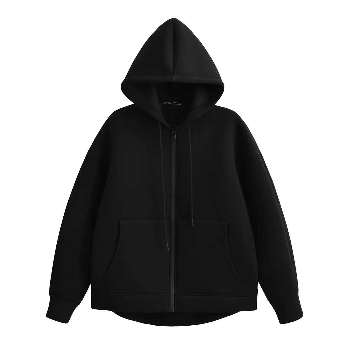 Luxe oversized black zip-up hoodie with a double-layered hood and front kangaroo pockets, crafted from heavyweight fleece.