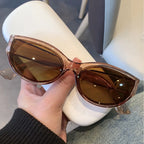 Cat-eye sunglasses with a vintage design, featuring a translucent pink frame and brown tinted lenses, held in a hand.