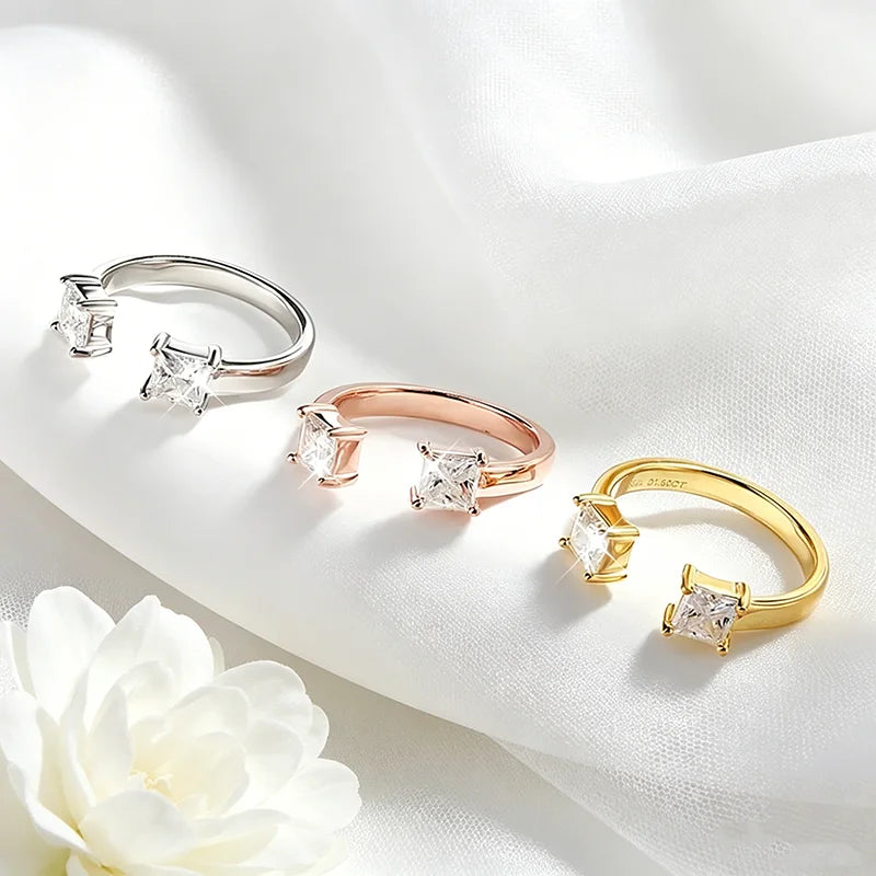 Adjustable LOVORA™ Aura Princess Cut Ring in platinum silver, rose gold, and yellow gold, featuring square Moissanite stones.