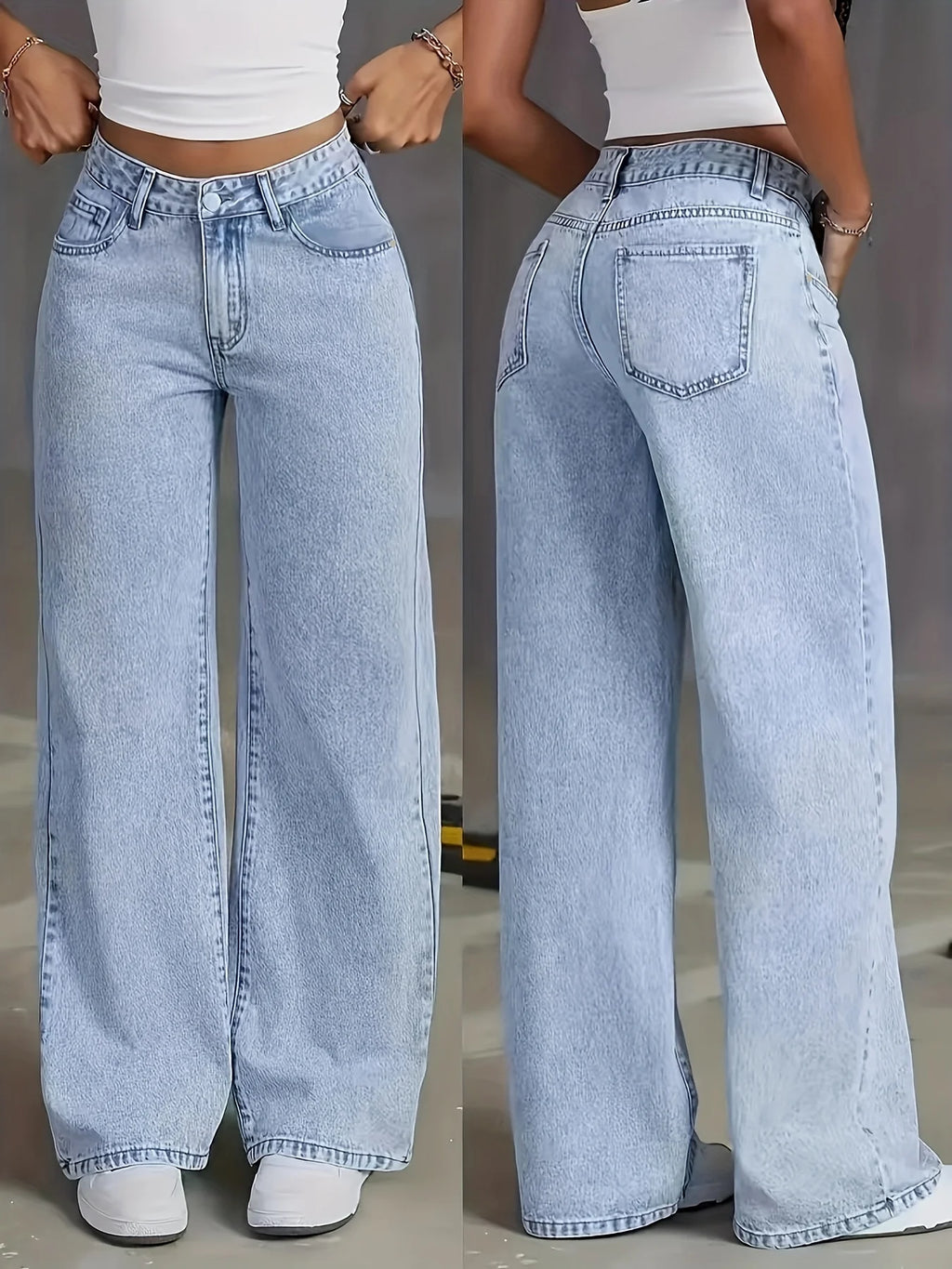 Light wash, high-waisted wide-leg denim jeans with a relaxed fit, styled with a fitted white top and white sneakers.