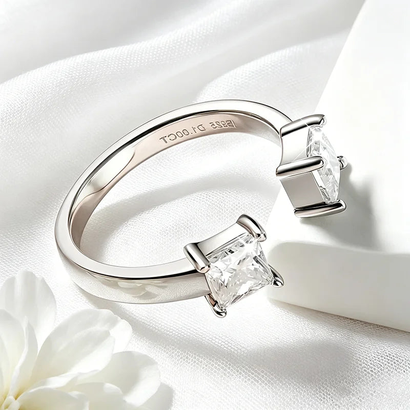 Adjustable LOVORA™ Aura Princess Cut Ring featuring a square Moissanite stone set in polished silver.