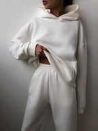 LOVORA™ Premium Fleece High-Waisted Tracksuit Set in cream, featuring an oversized hoodie and high-waisted joggers.