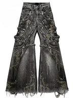 Baggy distressed denim jeans in dark gray with oversized wide-leg cut, multiple pockets, and intricate embroidered details.