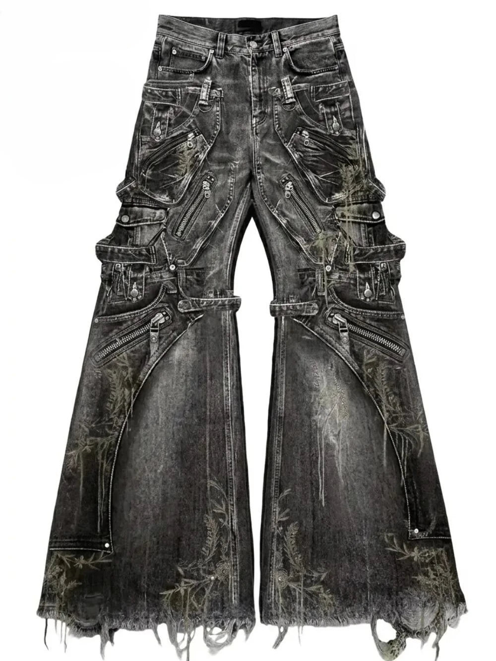 Baggy distressed denim jeans in dark gray with oversized wide-leg cut, multiple pockets, and intricate embroidered details.