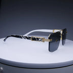 Rimless classic square sunglasses with gradient lenses, gold-tone metallic accents, and stylish black-and-white patterned temples.