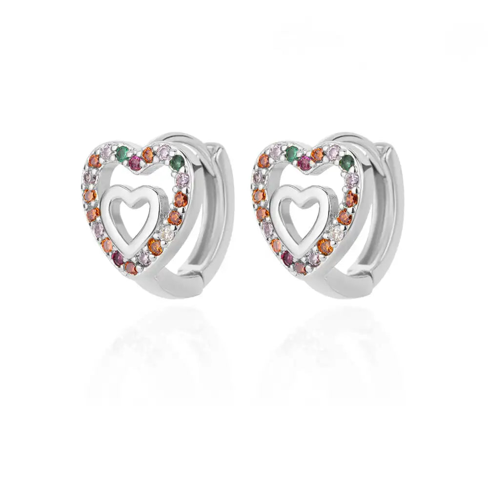 Chunky huggie earrings with a heart-shaped design, featuring colorful enamel accents and a polished stainless steel finish.