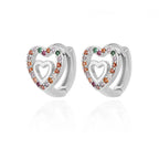 Chunky huggie earrings with a heart-shaped design, featuring colorful enamel accents and a polished stainless steel finish.