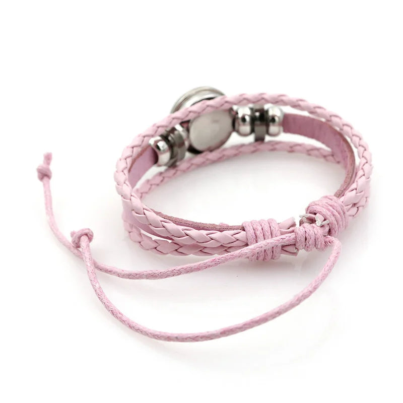 Multi-layered pink leather bracelet featuring braided design and silver-tone accents, adjustable for custom fit.