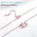 Round-cut Moissanite pendant necklace in rose gold finish with a delicate chain, showcasing a minimalist design.
