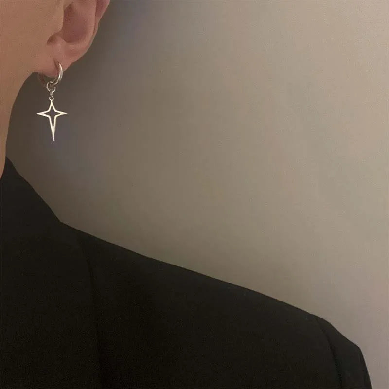 Asymmetric gothic drop earrings featuring hollow star designs, showcased on a model against a neutral background.