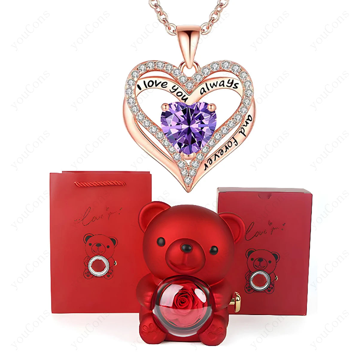 Red heart pendant necklace with a purple gem, accompanied by a red teddy bear and gift box, showcasing a romantic design.