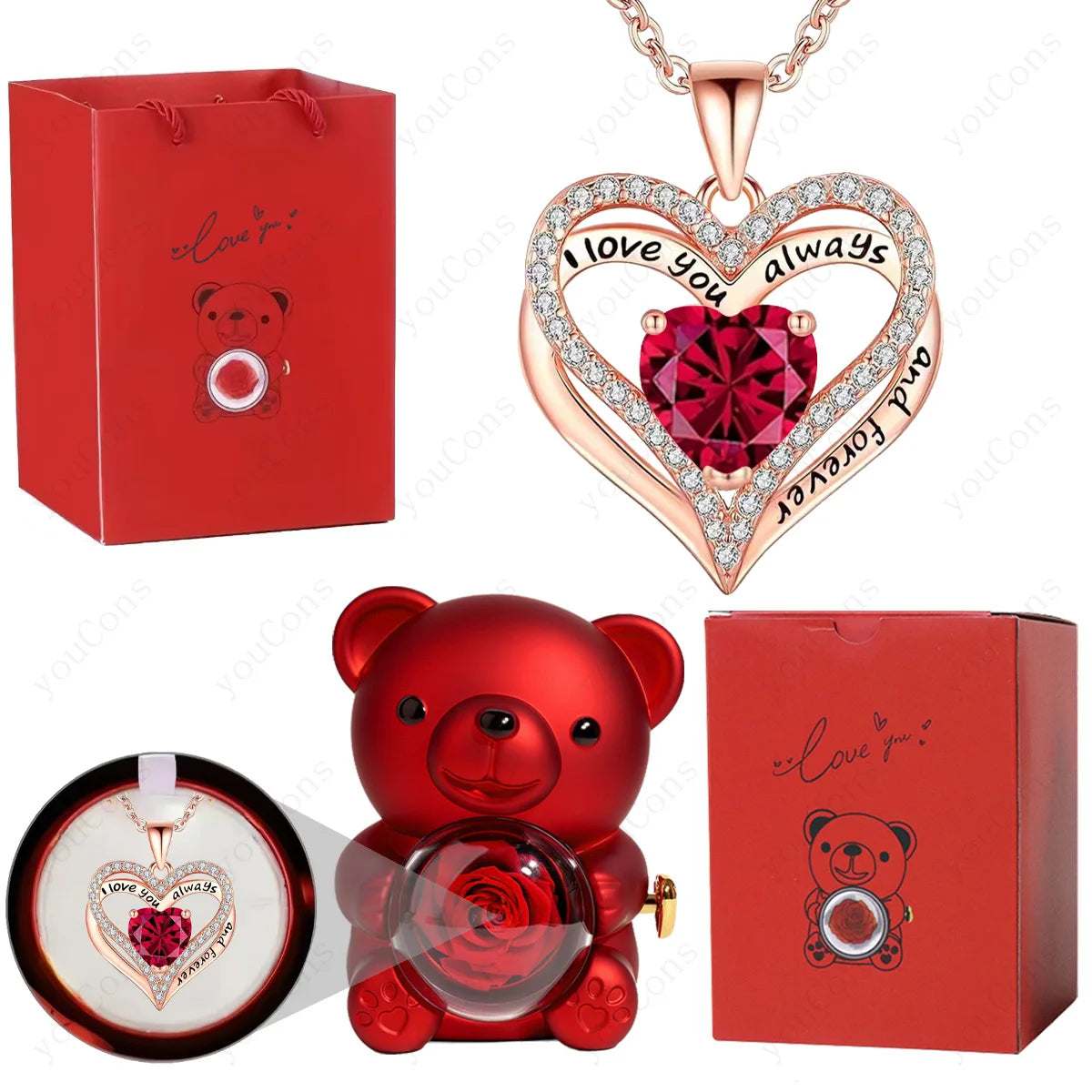 Red heart pendant necklace with a crystal center, surrounded by sparkly accents, displayed with a red bear figure and gift box.