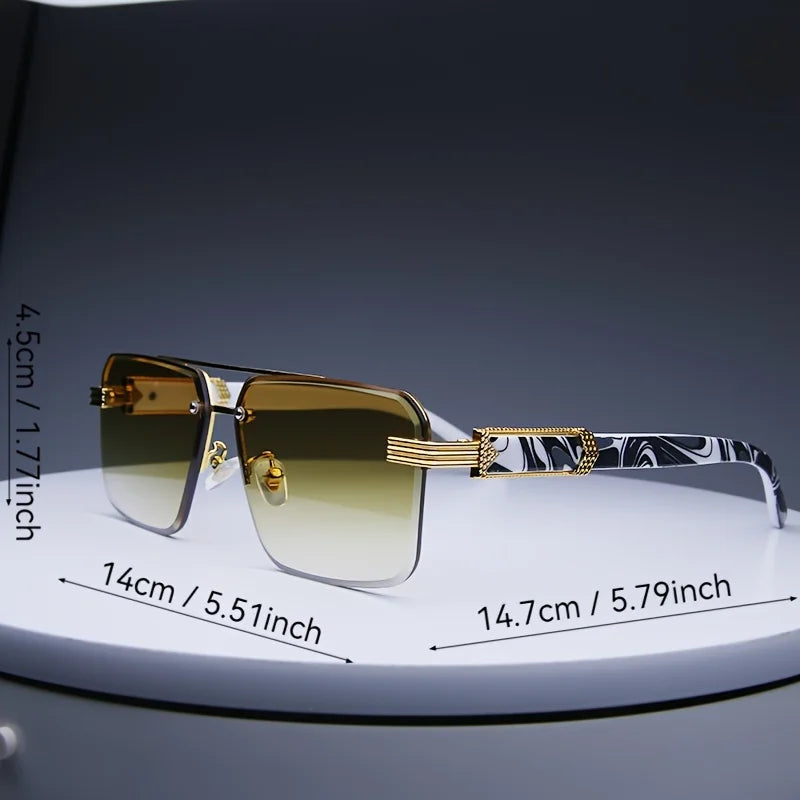 Rimless classic square sunglasses with gradient brown lenses, gold-tone metallic temples, and stylish black-and-white patterned arms.