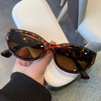 Tortoise shell cat-eye sunglasses with dark tinted lenses, held in a hand, featuring a sleek, vintage-inspired design.