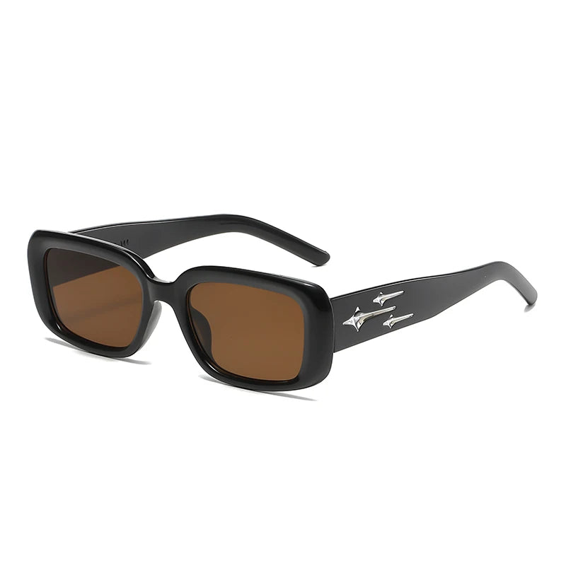 Black square-frame sunglasses with tinted brown lenses and silver decorative accents on the arms.