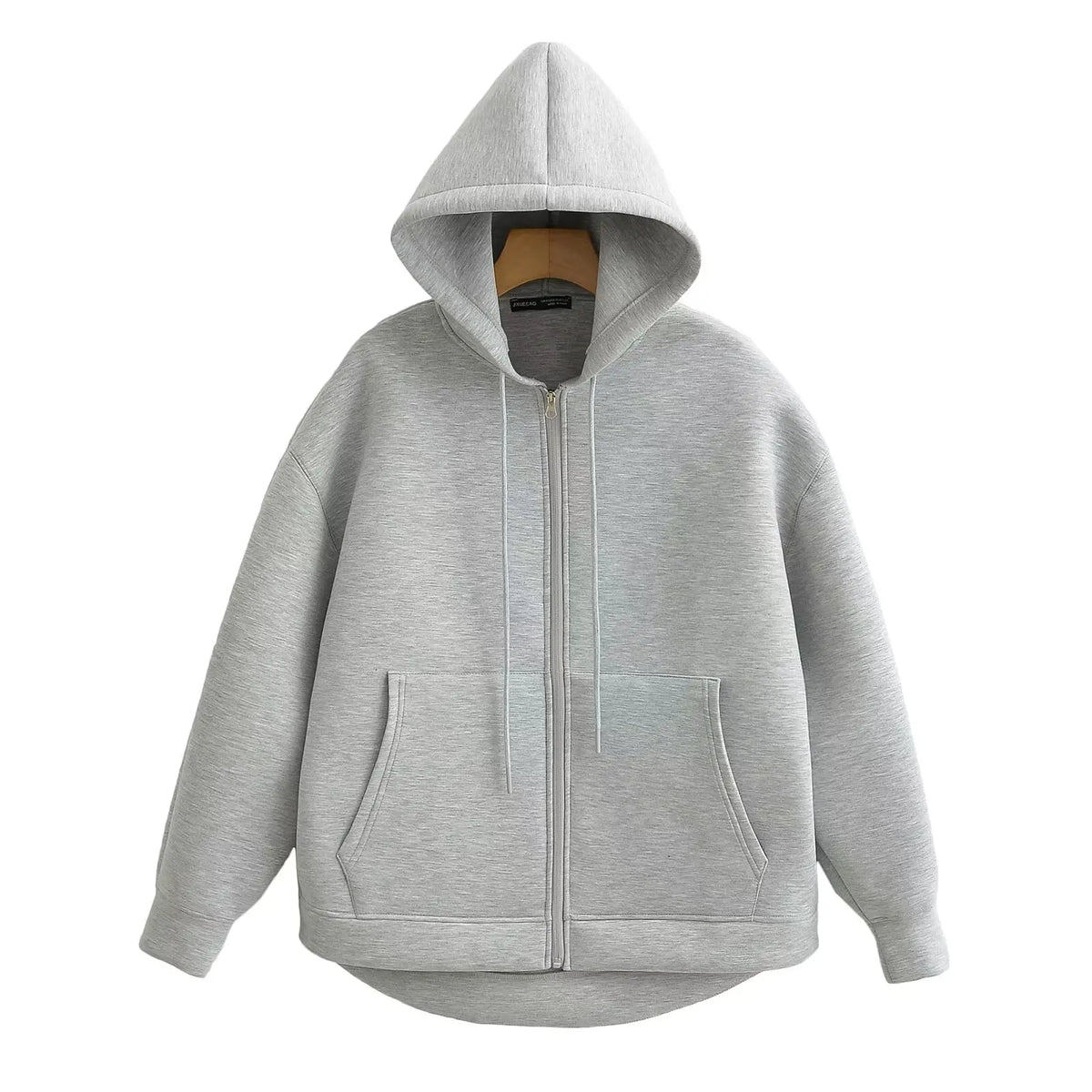 Gray oversized zip-up hoodie with a double-layered hood, ribbed cuffs, and front kangaroo pockets.