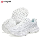 Chunky white sneakers featuring breathable mesh panels, a sculpted platform sole, and a tech streetwear design.