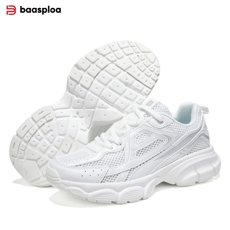Chunky white sneakers featuring breathable mesh panels, a sculpted platform sole, and a tech streetwear design.