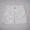 White high-waisted seamless gym shorts featuring a scrunch-butt design and an elastic waistband.