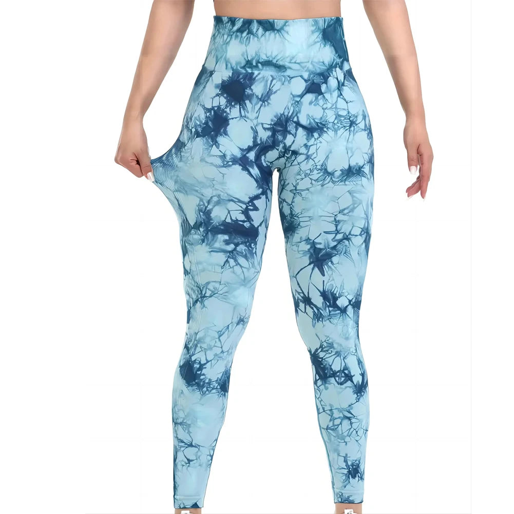 Premium tie-dye seamless scrunch butt leggings in blue and navy, featuring a high-rise waist and body-hugging fit.