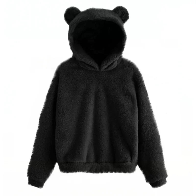 Oversized black teddy fleece hoodie with plush bear ears and a relaxed fit, featuring a double-lined hood and side pockets.