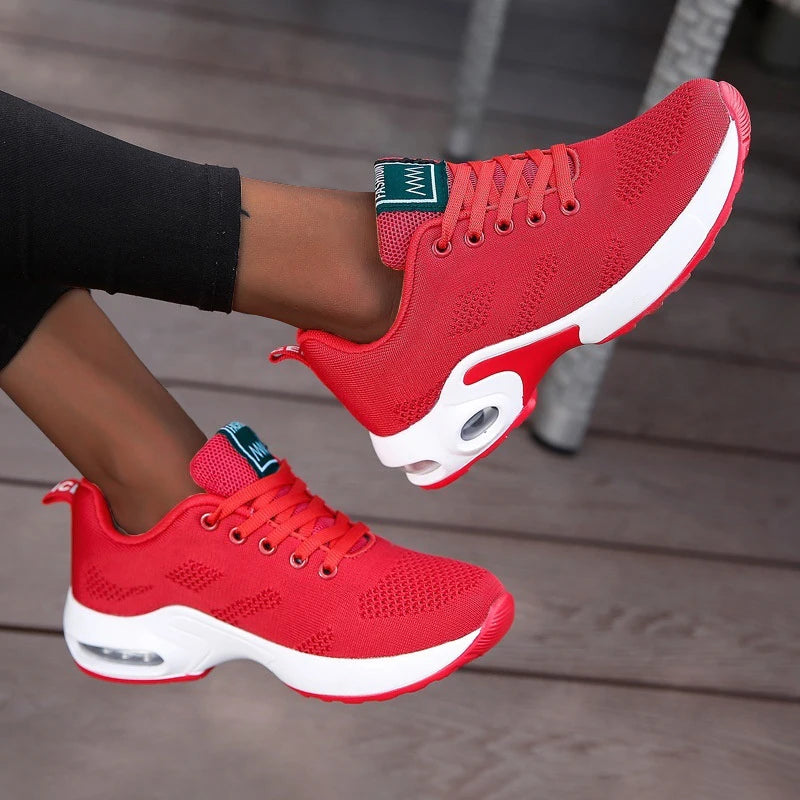 Red LOVORA™ Aura Air Boost Platform Premium Sneakers with a breathable mesh upper and transparent air-cushion sole.
