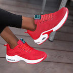Red LOVORA™ Aura Air Boost Platform Premium Sneakers with a breathable mesh upper and transparent air-cushion sole.