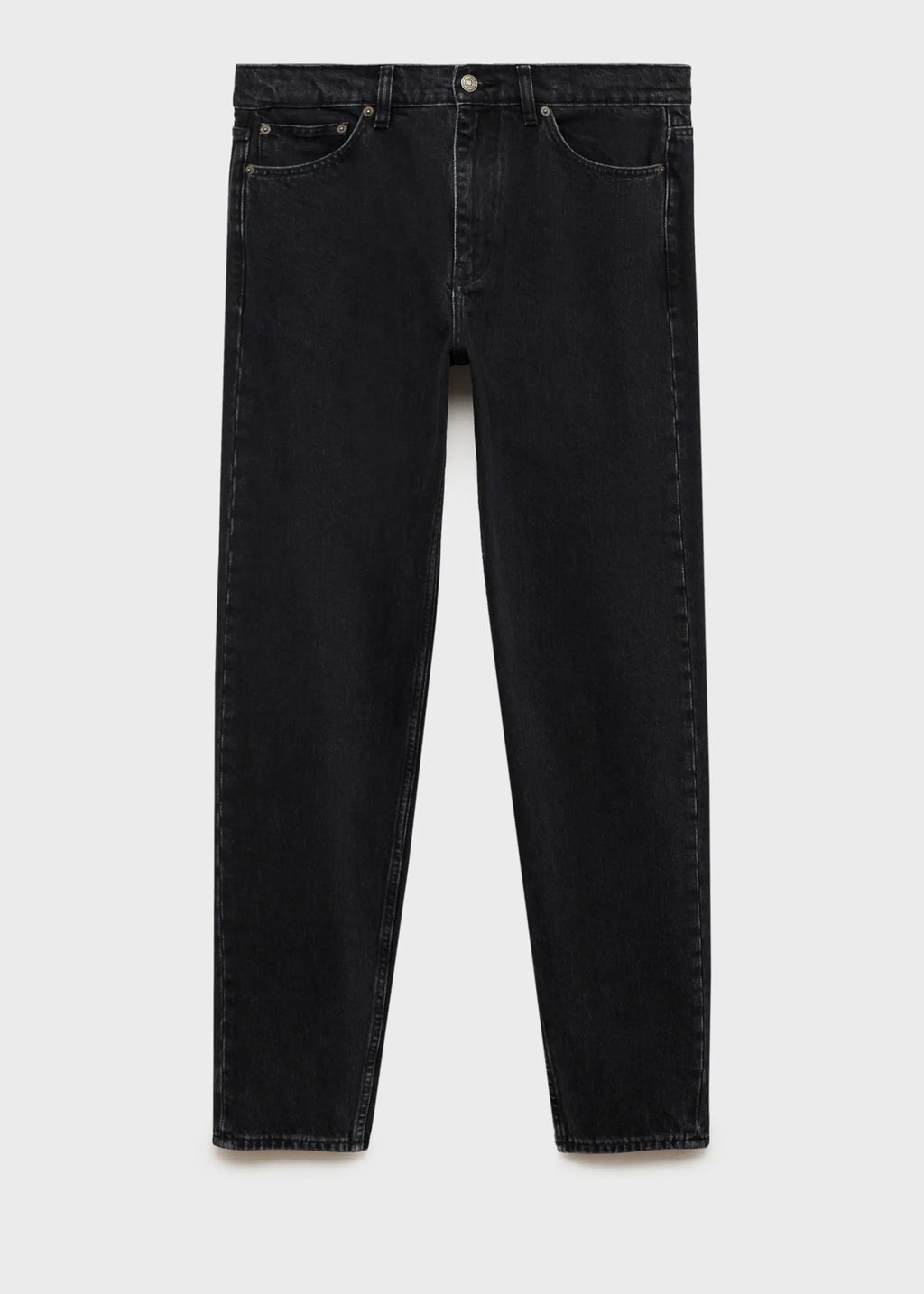 Baggy distressed black denim jeans with a mid-to-high rise waist and oversized wide-leg cut. Features subtle embroidery details.