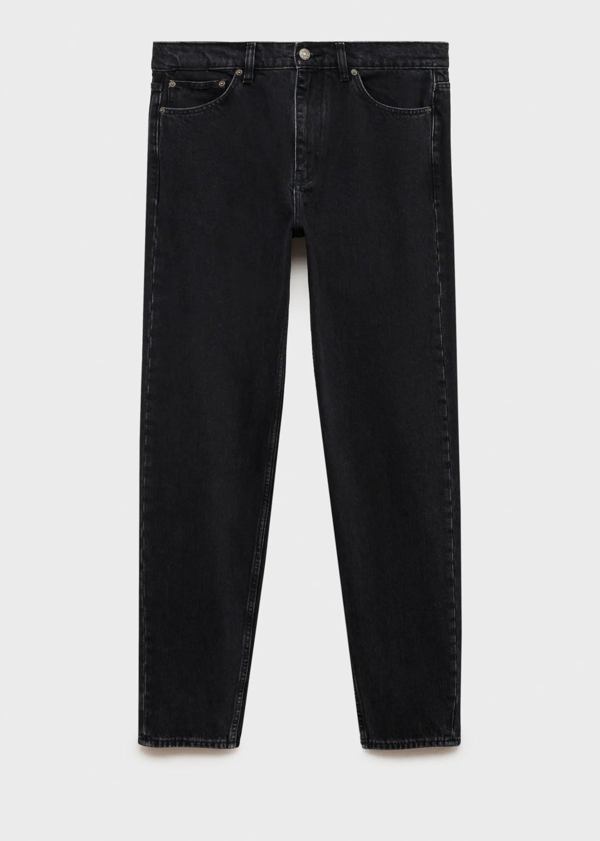 Baggy distressed black denim jeans with a mid-to-high rise waist and oversized wide-leg cut. Features subtle embroidery details.