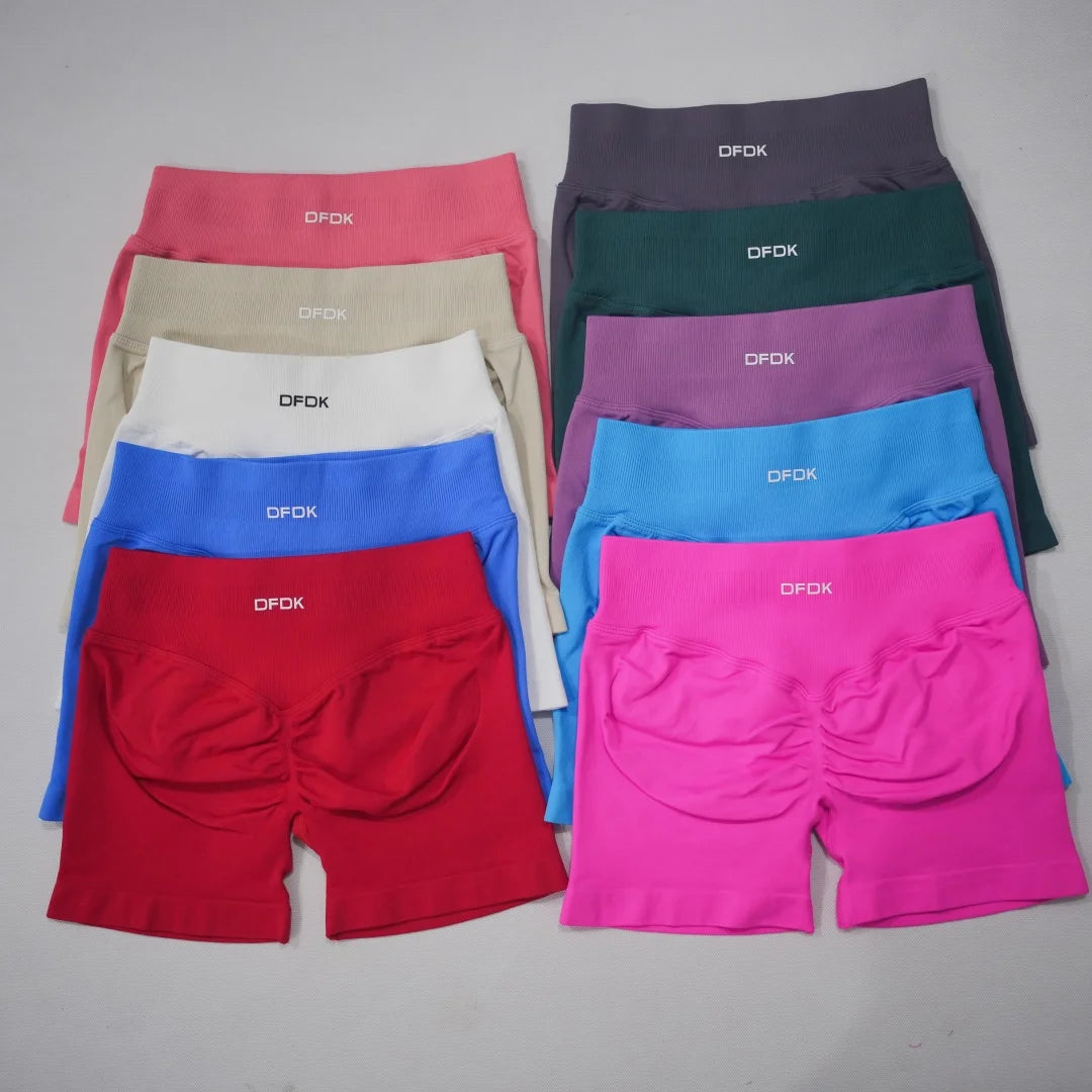 High-waisted gym shorts in multiple colors, featuring a scrunch design for contouring and lifting.