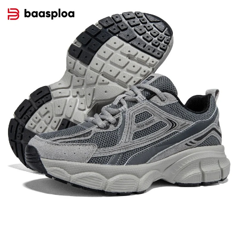 Chunky grey LOVORA™ Element 3D Tech Sneakers featuring mesh panels and a sculpted rubber platform for added height.