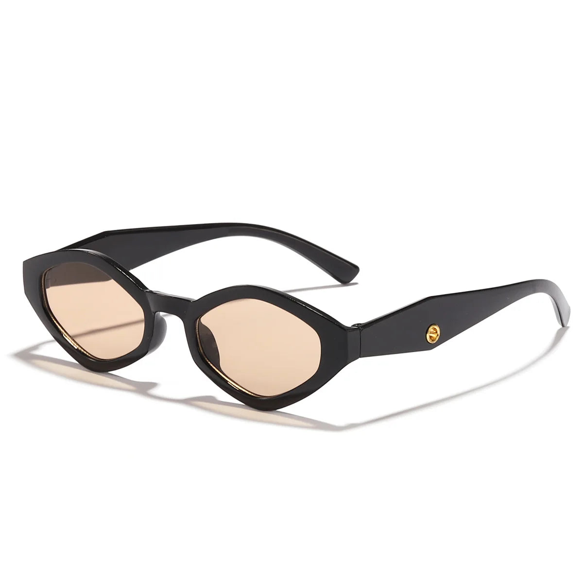 Bold cat-eye sunglasses with a thick black frame and light brown lenses, featuring a sculpted design and curved arms.