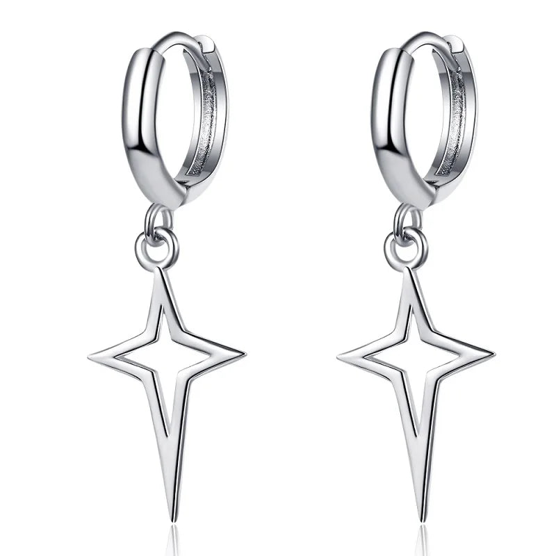 Gothic Cyber-Punk hollow star drop earrings in a shiny metallic finish with a geometric asymmetric design.