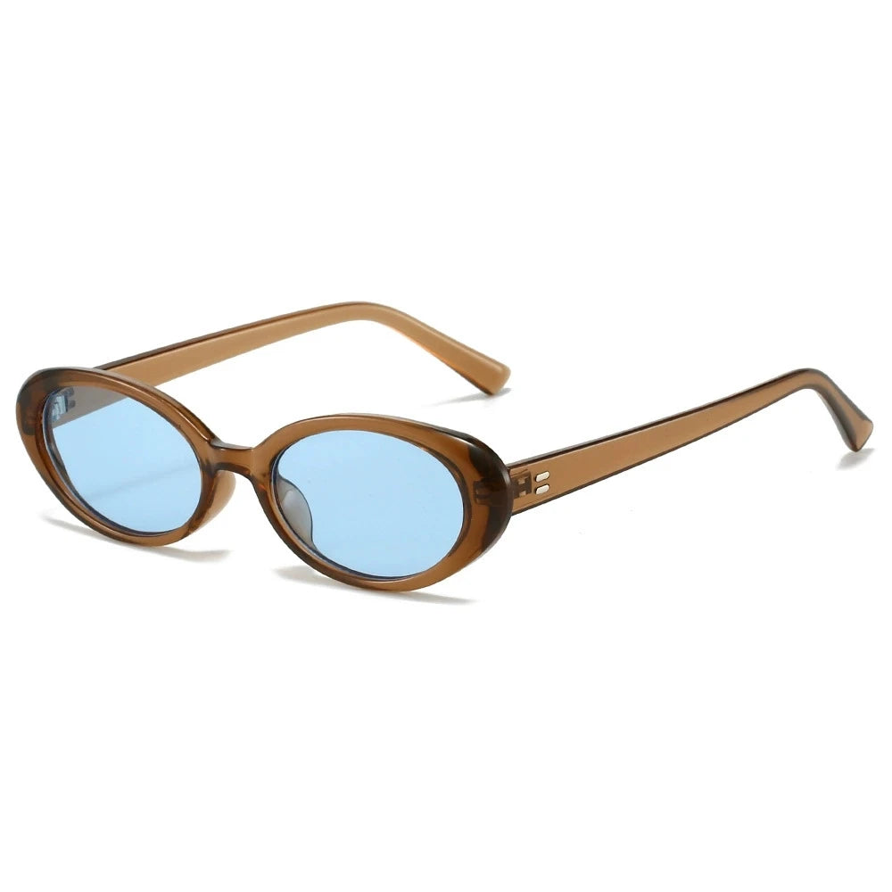 Oval sunglasses with a brown frame and blue lenses, featuring a minimalist design and metallic hinge details.