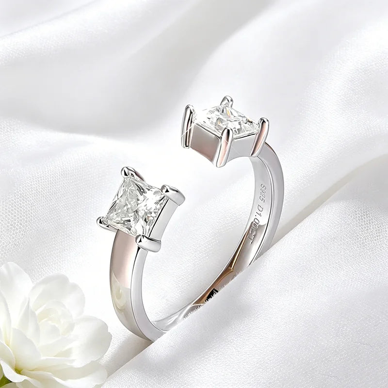 Adjustable LOVORA™ Aura Princess Cut ring with two square Moissanite stones set in polished sterling silver.