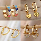 Chunky gold huggie earrings featuring drop heart designs in various colors and styles, showcasing a modern minimalistic look.