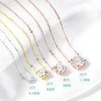 Three pendant necklaces featuring round-cut Moissanite stones in various sizes (1ct, 2ct, 3ct, and 5ct). Chain colors include platinum silver, yellow gold, and rose gold.