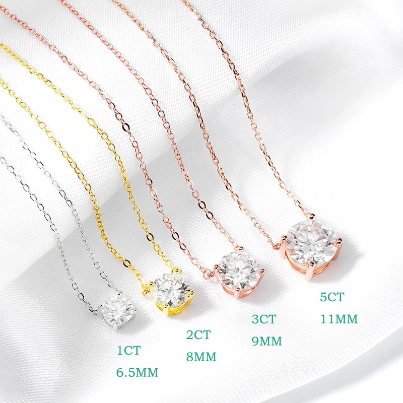 Three pendant necklaces featuring round-cut Moissanite stones in various sizes (1ct, 2ct, 3ct, and 5ct). Chain colors include platinum silver, yellow gold, and rose gold.