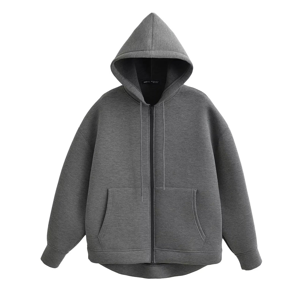 Gray oversized zip-up hoodie with a double-lined hood, drop shoulders, and front kangaroo pockets.