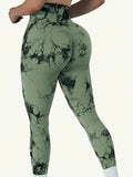 Premium tie-dye leggings in green with a scrunch butt design, featuring a high waist and a textured pattern.