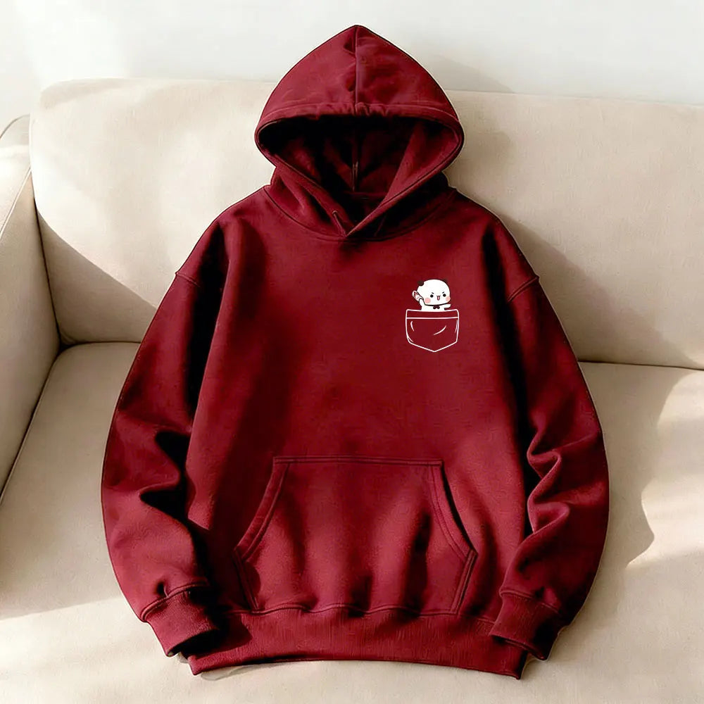 Burgundy oversized hoodie featuring a bear graphic in a pocket, with a kangaroo front pocket and soft fleece material.
