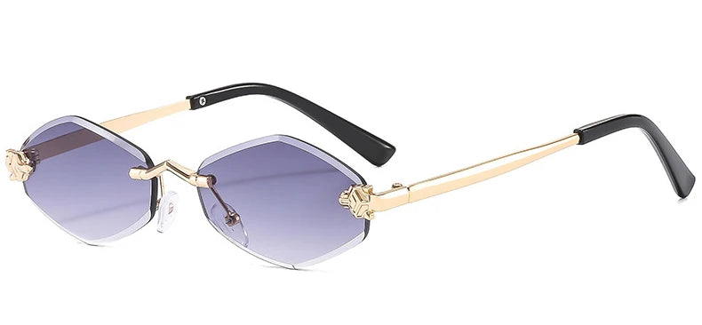 Rimless sunglasses featuring a narrow geometric rhombus lens in a gradient purple tint, with gold and black metal temples.