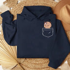 Cozy navy oversized hoodie featuring an embroidered Bubu and Dudu bear graphic on the pocket.