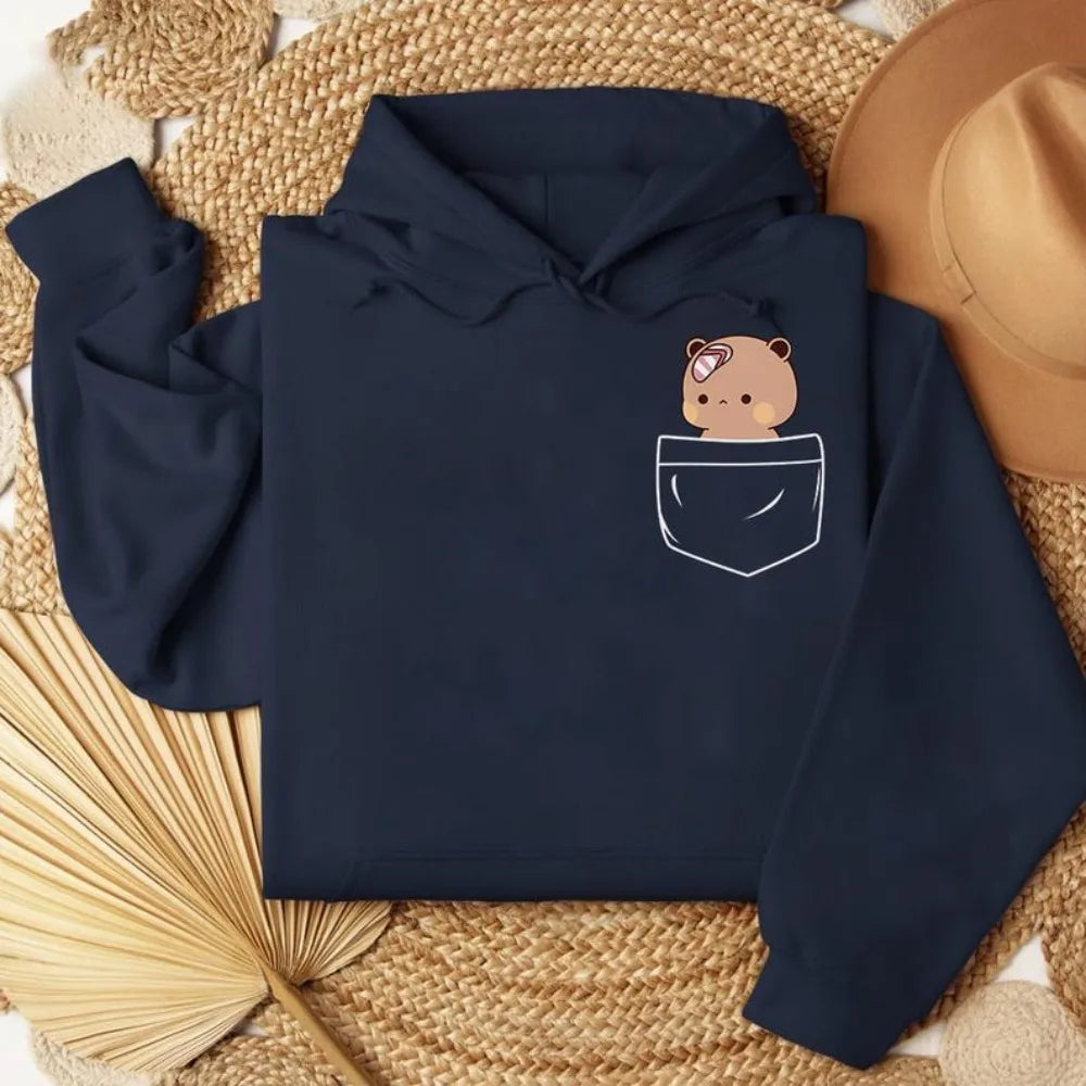 Cozy navy oversized hoodie featuring an embroidered Bubu and Dudu bear graphic on the pocket.