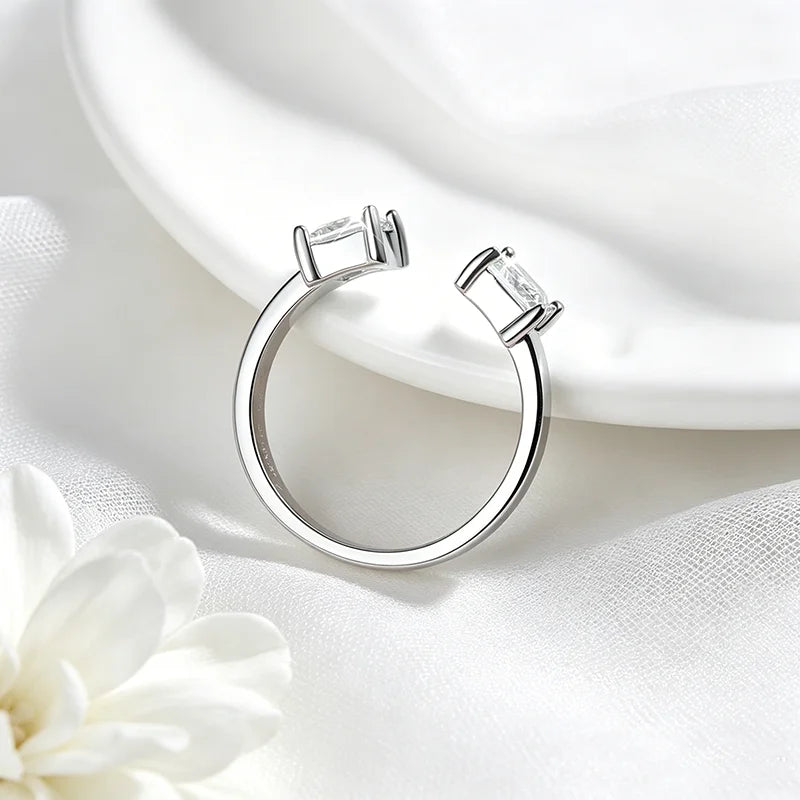 Adjustable LOVORA™ Aura Princess Cut ring in platinum silver, featuring a square Moissanite stone in a minimalist setting.